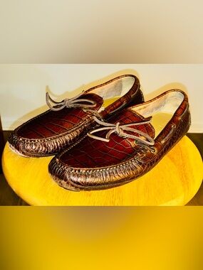 Cole Haan Brown Croc-Embossed Leather Grant Canoe Driving Loafers